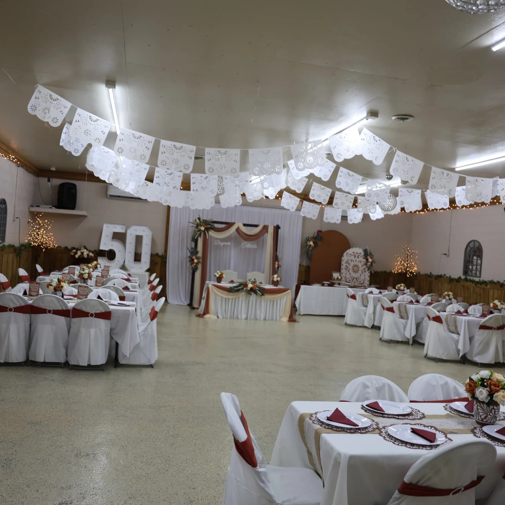 Reception hall at El Rancho Event Center set for a 50th anniversary celebration