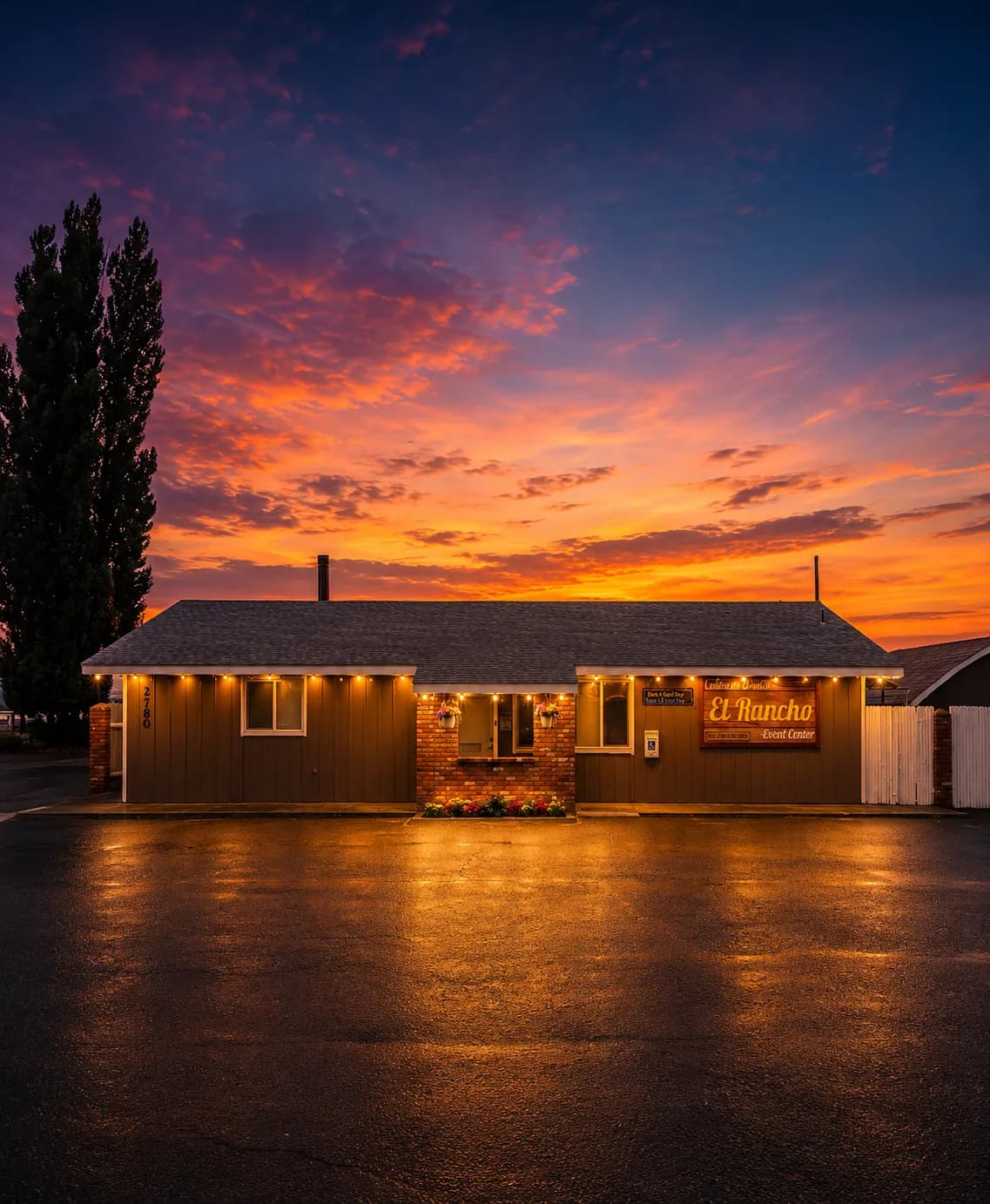 El Rancho Event Center building exterior at dusk in Othello, WA